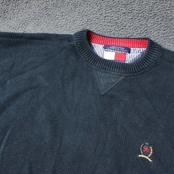 VINTAGE 90s Tommy Hilfiger Sweater Mens 2XL XXL Black Thick  Heavy y2K Crewneck - Picture 2 of 9